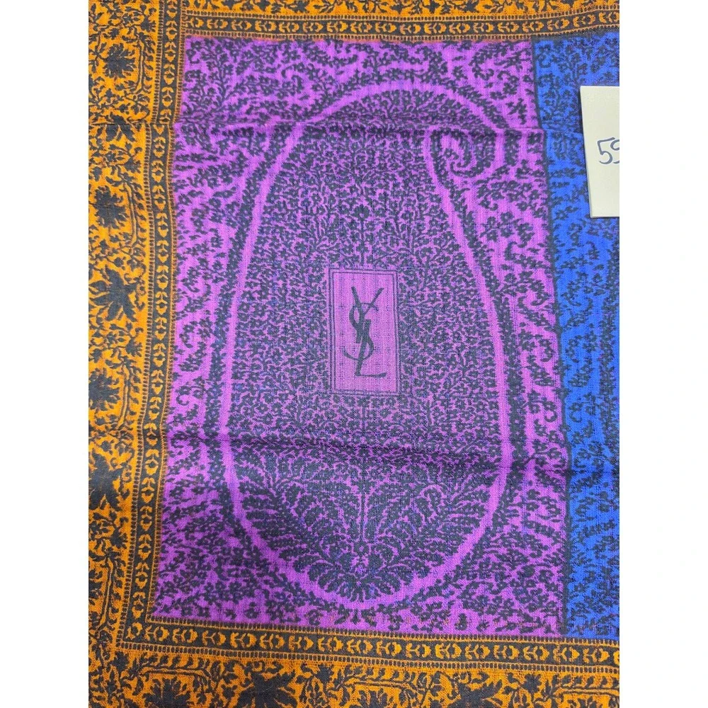 Yves Saint Laurent Foulards Scarf Purple Paisley Wool Silk Blend‎ 55x55 Italy